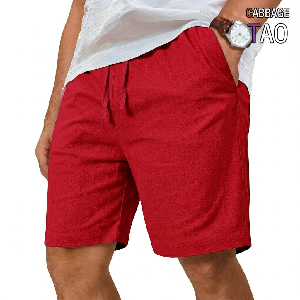 Short Linen Drawstring - Luźne, lekkie, bawełniano-lniane szorty w jednolitym