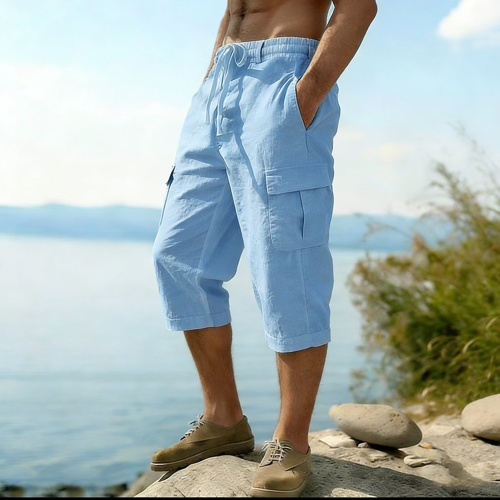 Short Linen Drawstring - Męskie letnie szorty z bawełny i
